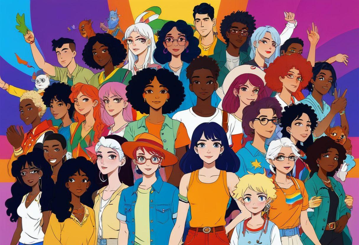 A vibrant collage showcasing diverse characters from adult animation, including LGBTQ+ representation, featuring various styles such as Hentai and western cartoons. The background is filled with a spectrum of colors to symbolize inclusivity, while playful animation elements swirl around to convey a sense of celebration and creativity. The characters should be engaging in diverse activities, demonstrating connection and acceptance. cartoonish style. bright colors. dynamic composition.